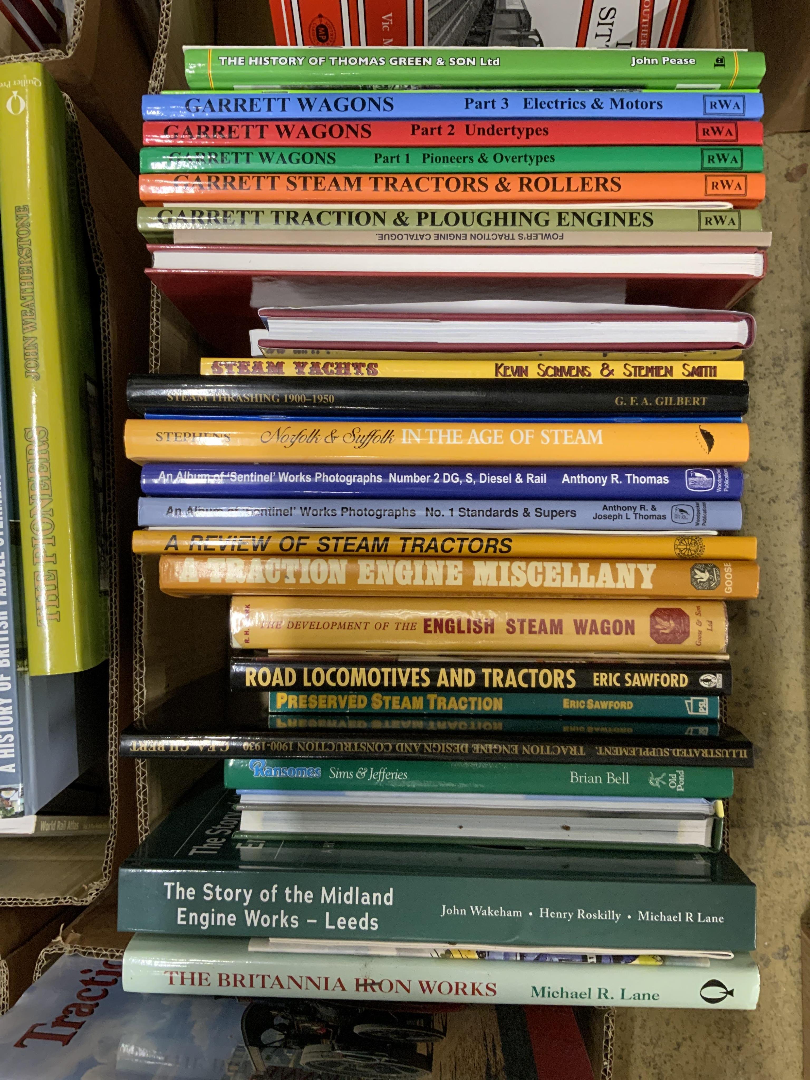 Eight boxes of railway related books, subjects include; Southern Railway, Garrett rolling stock, European railways, stationary engines, Indian Railways, American Railways, publishers include Middleton Press, David & Char